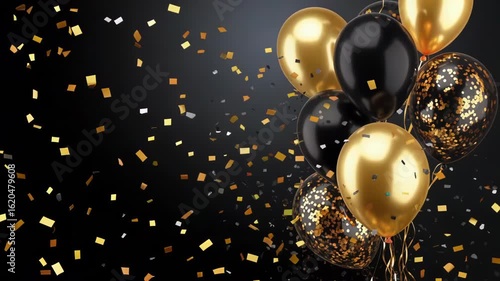 Luxury celebration background with black and gold balloons and falling confetti. New Year, anniversary, or birthday party concept with copy space.