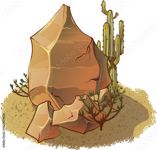 vector illustration of stone with dried cactus 