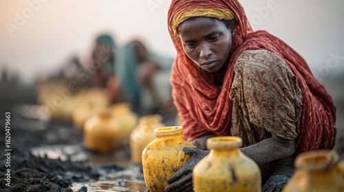 A poignant image of a woman collecting water in a rural village, highlighting the global issue of water scarcity and poverty.