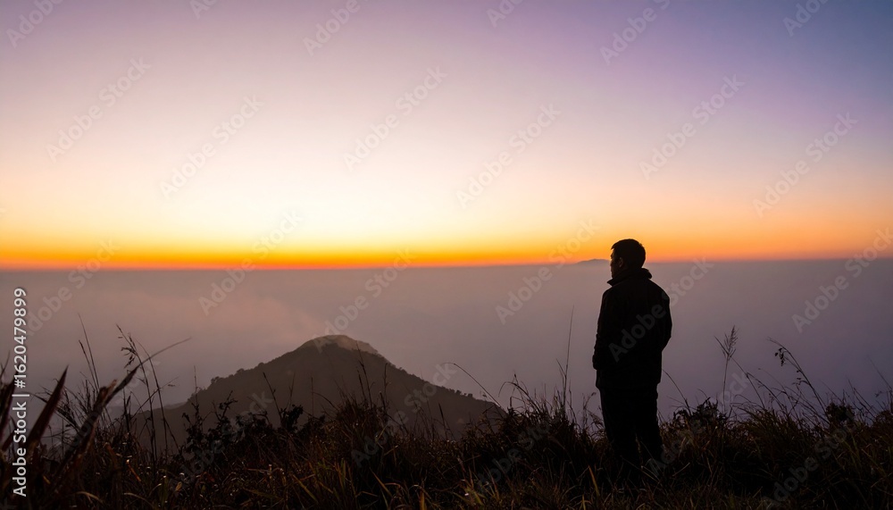A silhouette of a person stands against a bright orange and pink sunset background. A silhouette of a person stands against a bright orange and pink sunset background.
