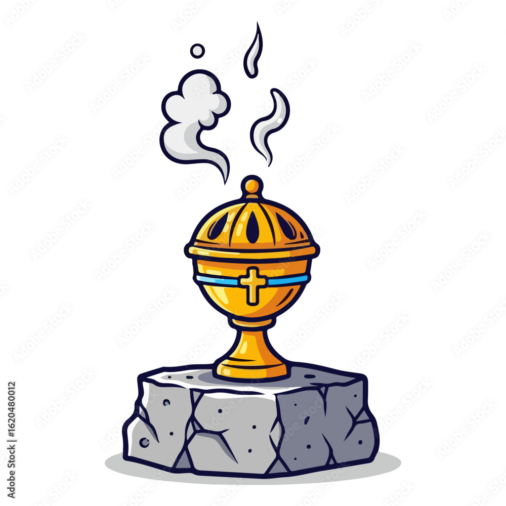 Naklejka premium Cartoon of a Catholic incense burner, placed on a stone base still lit. Vector flat design cartoon. AI generated images.