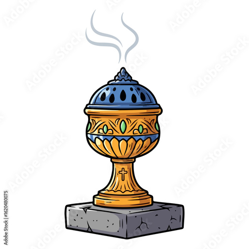 Cartoon of a Catholic incense burner, placed on a stone base still lit. Vector flat design cartoon. AI generated images.