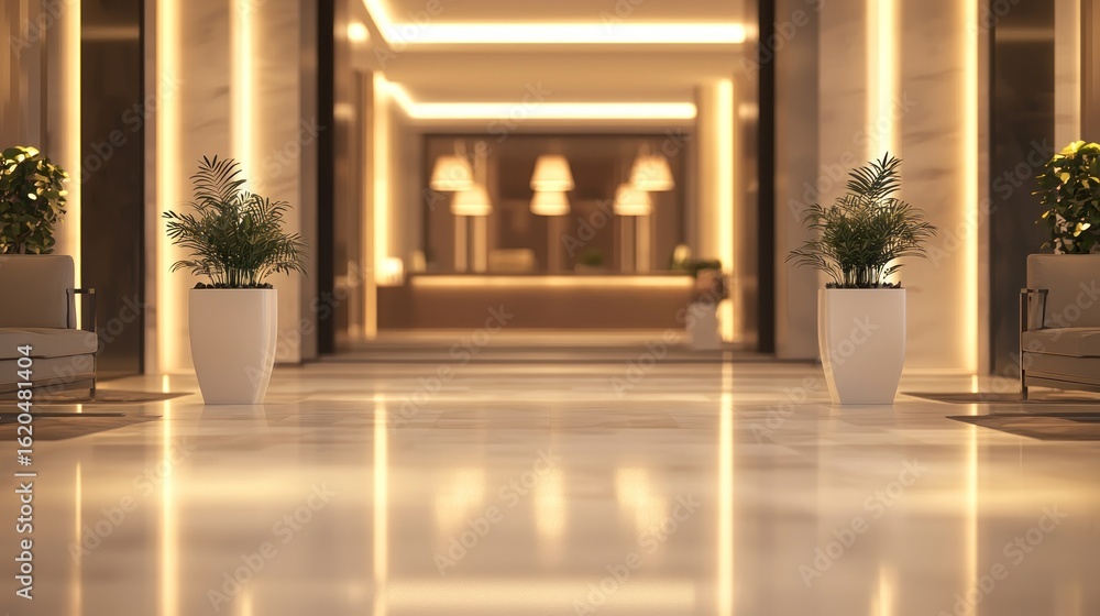 Fototapeta premium Luxurious Hotel Lobby Interior Design: Elegant Plants and Warm Lighting Enhance the Atmosphere