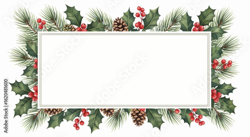 Festive Christmas Wreath with Pine Cones, Holly Berries, and Evergreen Sprigs - Blank Rectangle Frame