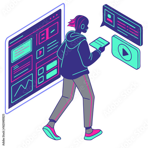 Vector art of man walking with tablet and vr headset isolated on white background
