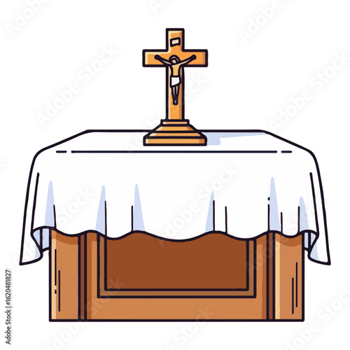 Catholic altar vector, with small cross and white cloth. Vector flat design cartoon. AI generated images.