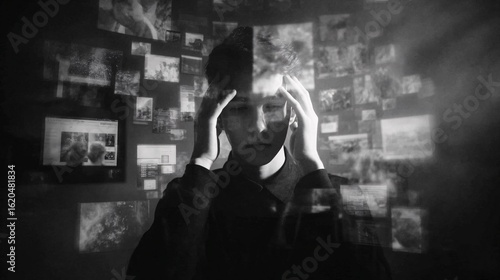 Teen Student Holding Head Surrounded by Distorted Digital Screens