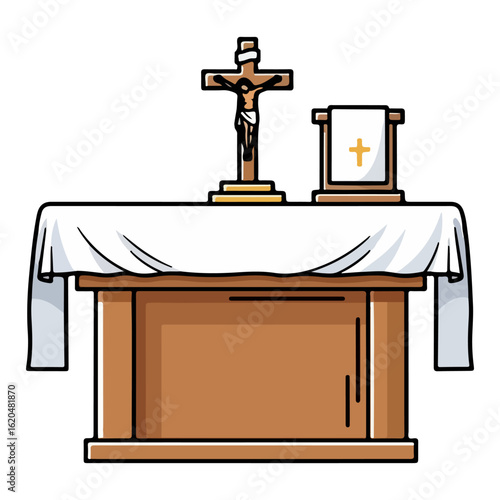 Catholic altar vector, with small cross and white cloth. Vector flat design cartoon. AI generated images.