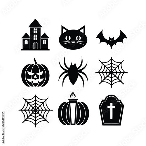 Collection of halloween icons featuring haunted house spider web pumpkin bat spider and coffins