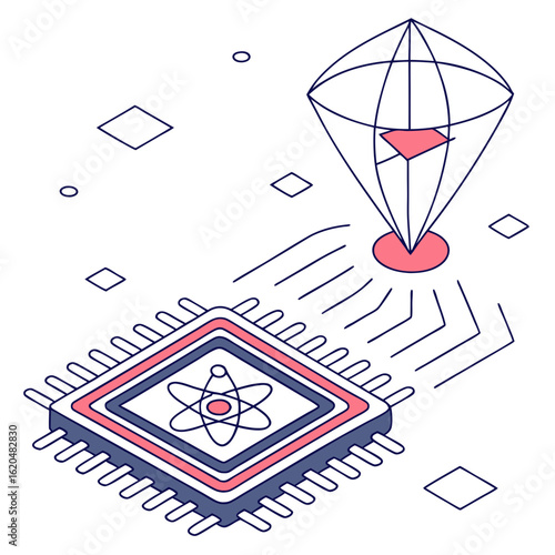 Vector art of quantum computing chip with atom structure isolated on white background