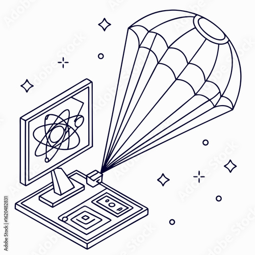 Vector art of quantum computing on computer screen isolated on white background