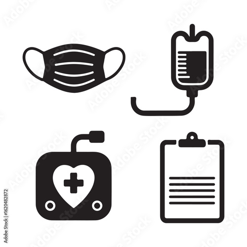 A black and white illustration showing medical icons including a mask an iv a defibrillator and a chart