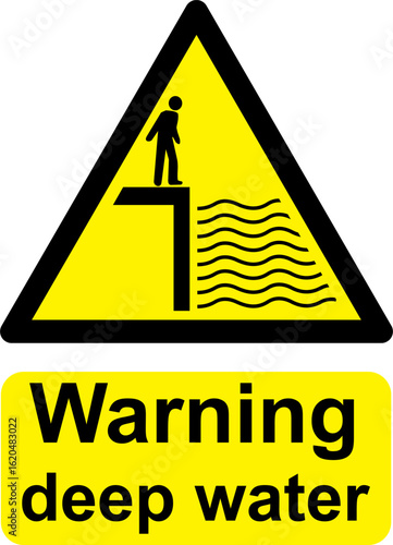 Black and yellow vector graphic of Warning Deep Water warning sign. It consists of a symbol in a triangle above warning text.