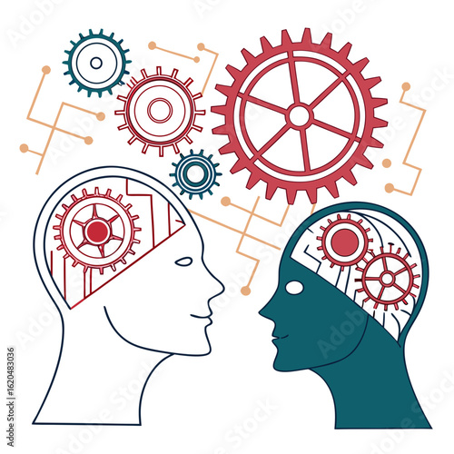 Vector art of two human heads with gears inside isolated on white background