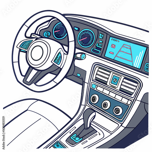 Vector art of car dashboard interior with steering wheel isolated on white background