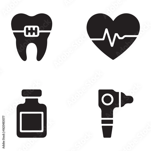 A simple illustration of a tooth with braces, a heart with a pulse, medicine bottle and otoscope