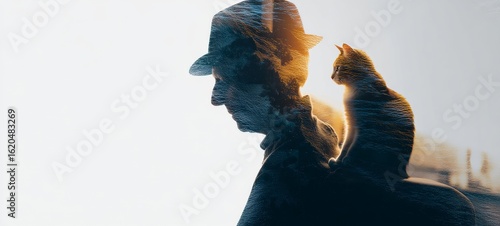 Double Exposure of Elderly Person and Pet Silhouette Revealing Warm Moments of Companionship, Minimalist Concept Design