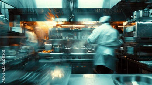 Busy restaurant kitchen chefs cooking