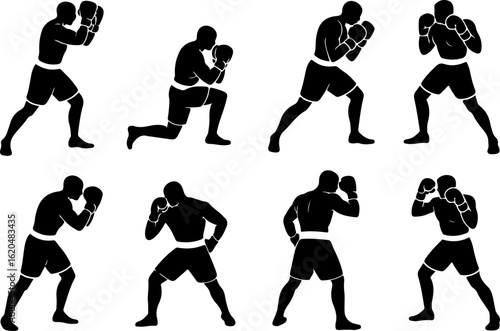 pure black silhouette vector illustrations of a boxer defending with guard