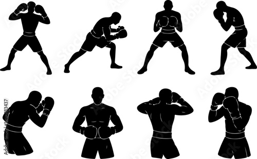 pure black silhouette vector illustrations of a boxer defending with guard