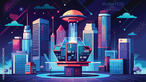 Futuristic cityscape with flying saucer and glowing geometric structures night science fiction