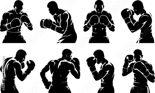 pure black silhouette vector illustrations of a boxer defending with guard