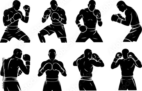pure black silhouette vector illustrations of a boxer defending with guard