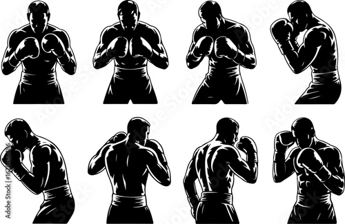 pure black silhouette vector illustrations of a boxer defending with guard