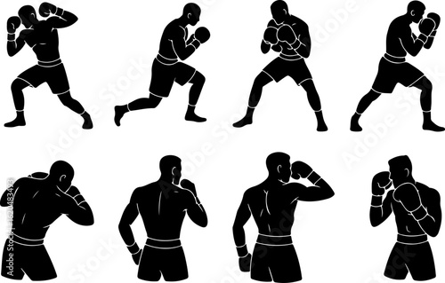 pure black silhouette vector illustrations of a boxer defending with guard