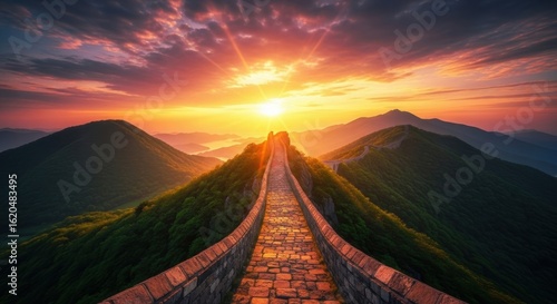 Stone pathway on mountain ridge at sunrise with vibrant sky dawn clouds