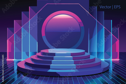 Futuristic stage with circular backdrop and tiered platform in neon purple and blue