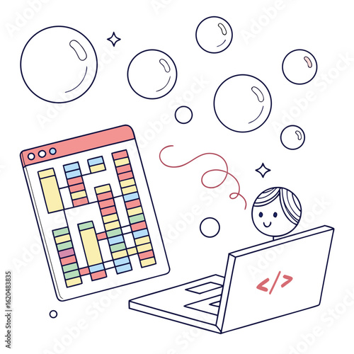 Vector art of web development coding and programming with software developer on white background