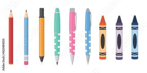 Set of school supplies with pens, pencils, and crayons perfect for back to school prints and crafts

