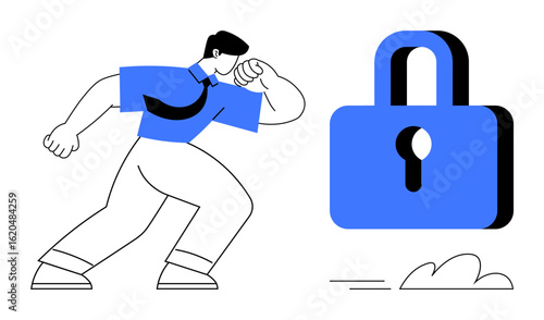 Person in formal attire confidently observing a large blue lock symbol. Ideal for cybersecurity, personal privacy, online safety, data protection, confidentiality, secure access, user empowerment