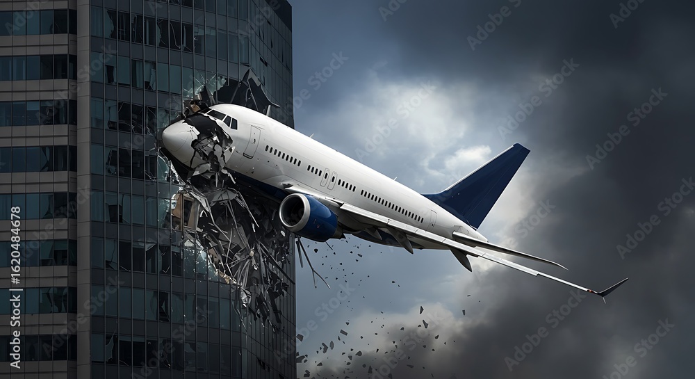 Fototapeta premium Airplane crashes into modern building with debris flying