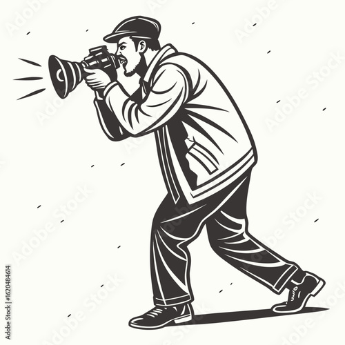 Vector art of film director with megaphone in vintage style isolated on white background