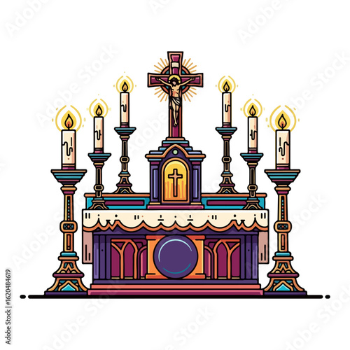 Vector altar for Catholic mass, there are candles on both sides and a cross Jesus in the middle. Vector flat design cartoon. AI generated images.