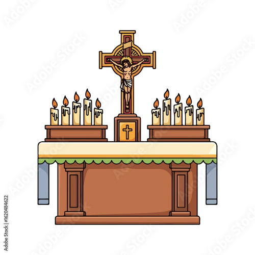 Vector altar for Catholic mass, there are candles on both sides and a cross Jesus in the middle. Vector flat design cartoon. AI generated images.