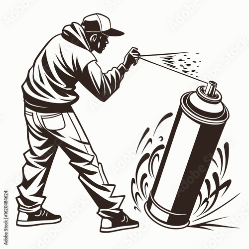 Vector art of graffiti artist spraying paint on wall isolated on white background