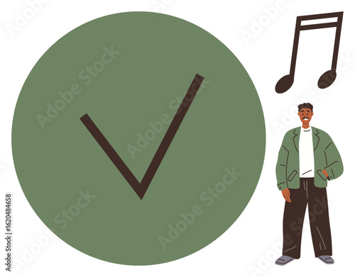 Large green checkmark, casually dressed man, and musical note representing accomplishment, creativity, and artistic expression. Ideal for success, creativity, art, validation leadership goals