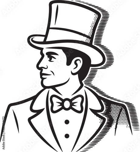 Vintage Circus Ringmaster Vector  Side Profile Outline with Halftone Grunge Texture for Retro Posters