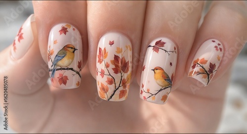 beautiful autumn style nails with tree leaves and birds	