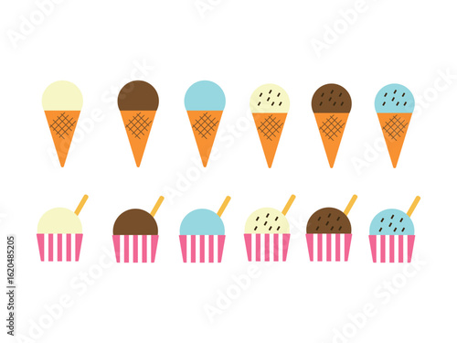 コーンアイスとカップアイス（バニラ、チョコ、ミント）のアイコンのイラストのセット