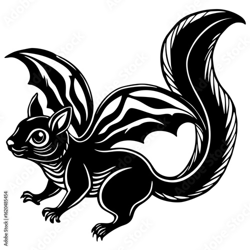 Whimsical black silhouette of a fictional flying squirrel with bat like wings and a bushy tail