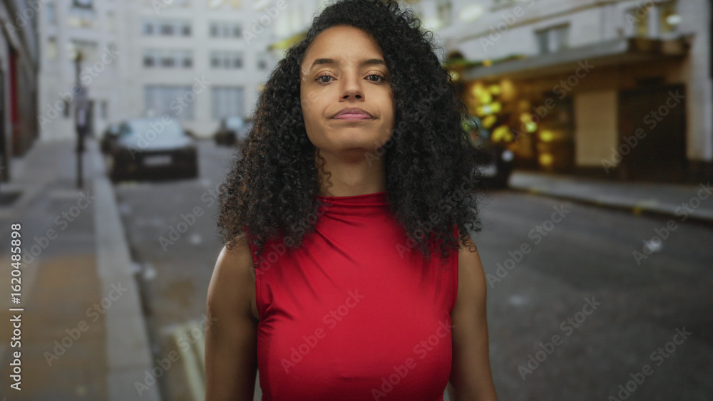 Fototapeta premium Woman standing on urban street wearing red top, displaying puzzled expression, with curly hair in outdoor setting, suggesting a casual and relatable moment.