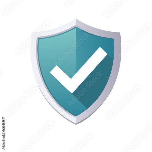 Security shield with check mark icon for safety approval concept in teal and white color scheme against a black background.