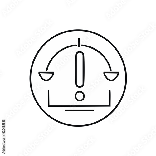 Balance concept with exclamation mark in circle icon Warning symbol for imbalance and uncertainty White linear illustration on black
