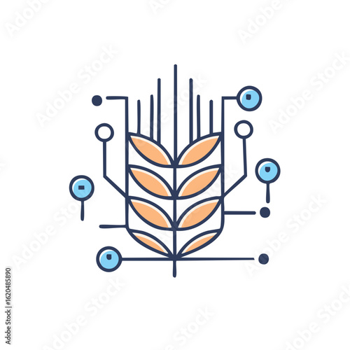 Digital agriculture icon Wheat connected to data points for agritech and precision farming on black