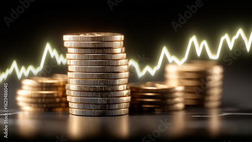 Stacks of gleaming gold coins rise beneath a pulsing profit line, visualizing accumulated capital, disciplined saving and the unpredictable rhythm of market growth.
