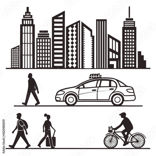 Vector art of city skyline with taxi, pedestrians and cyclist isolated on white background